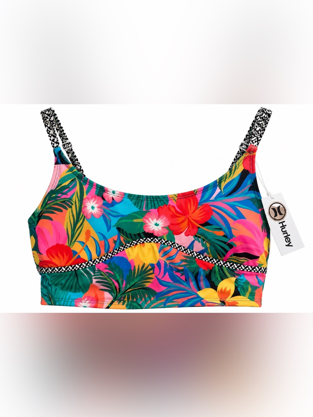 Hurley Bright Tropical Floral Woman’s Bathing Top, Adjustable Straps, NWT Medium
